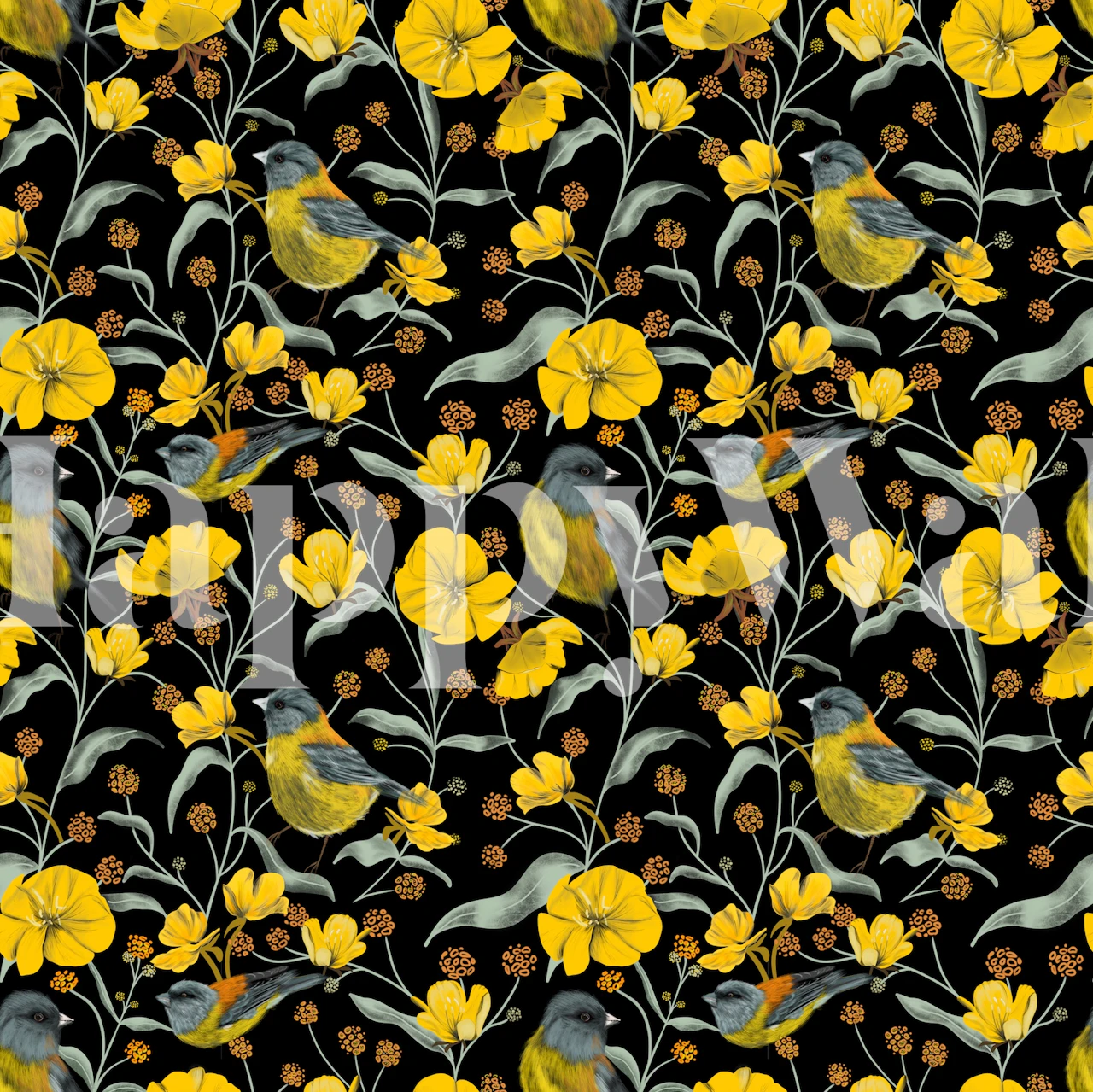 Yellow flowers and birds pattern on black wallpaper