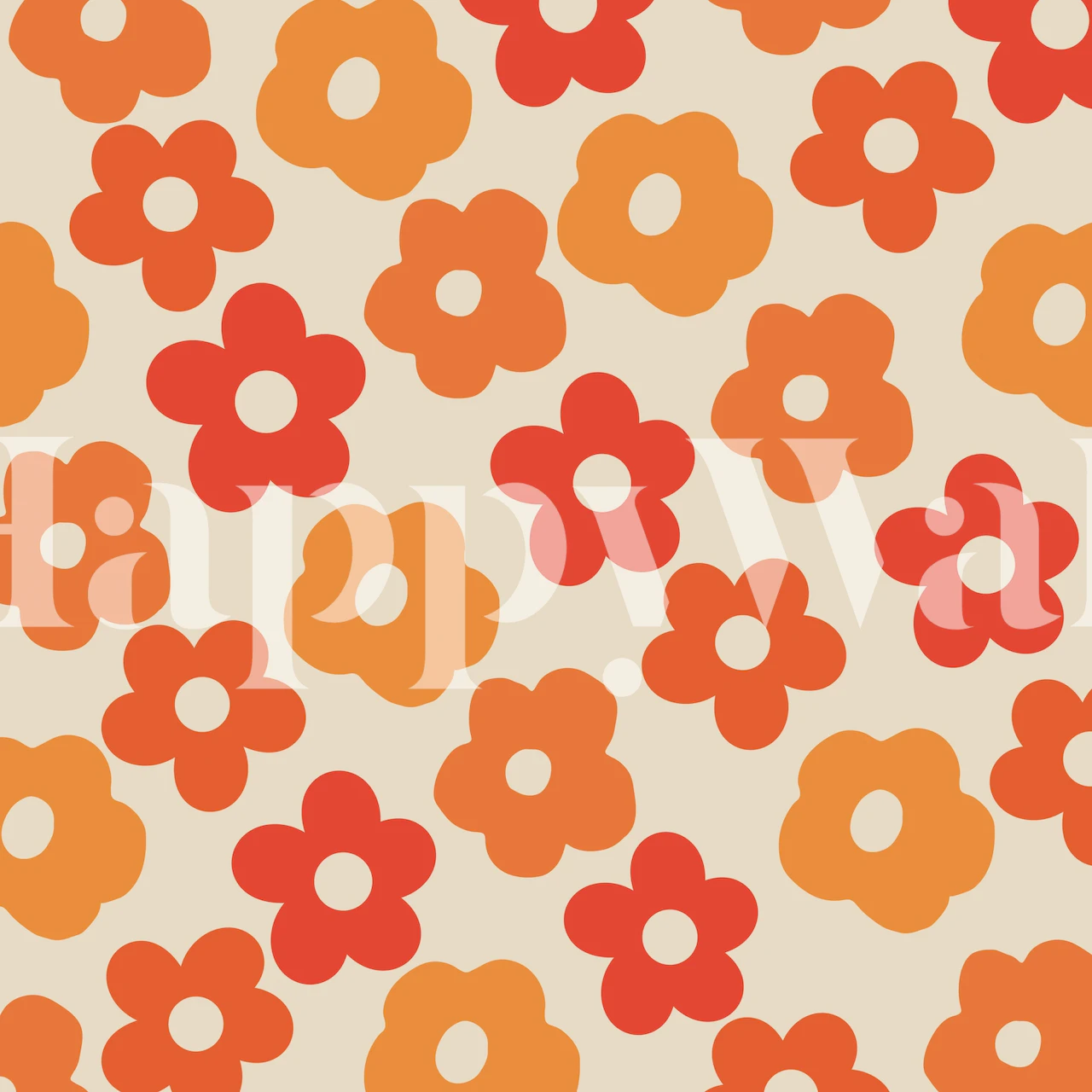 Colorful retro flower pattern in orange and red on beige wallpaper