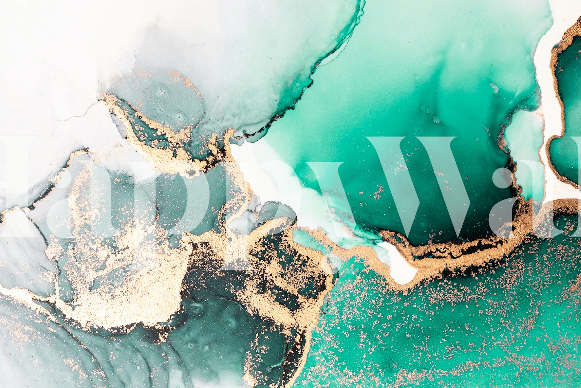 Abstract Alcohol Ink Green Marble wall mural featuring emerald greens with gold veins