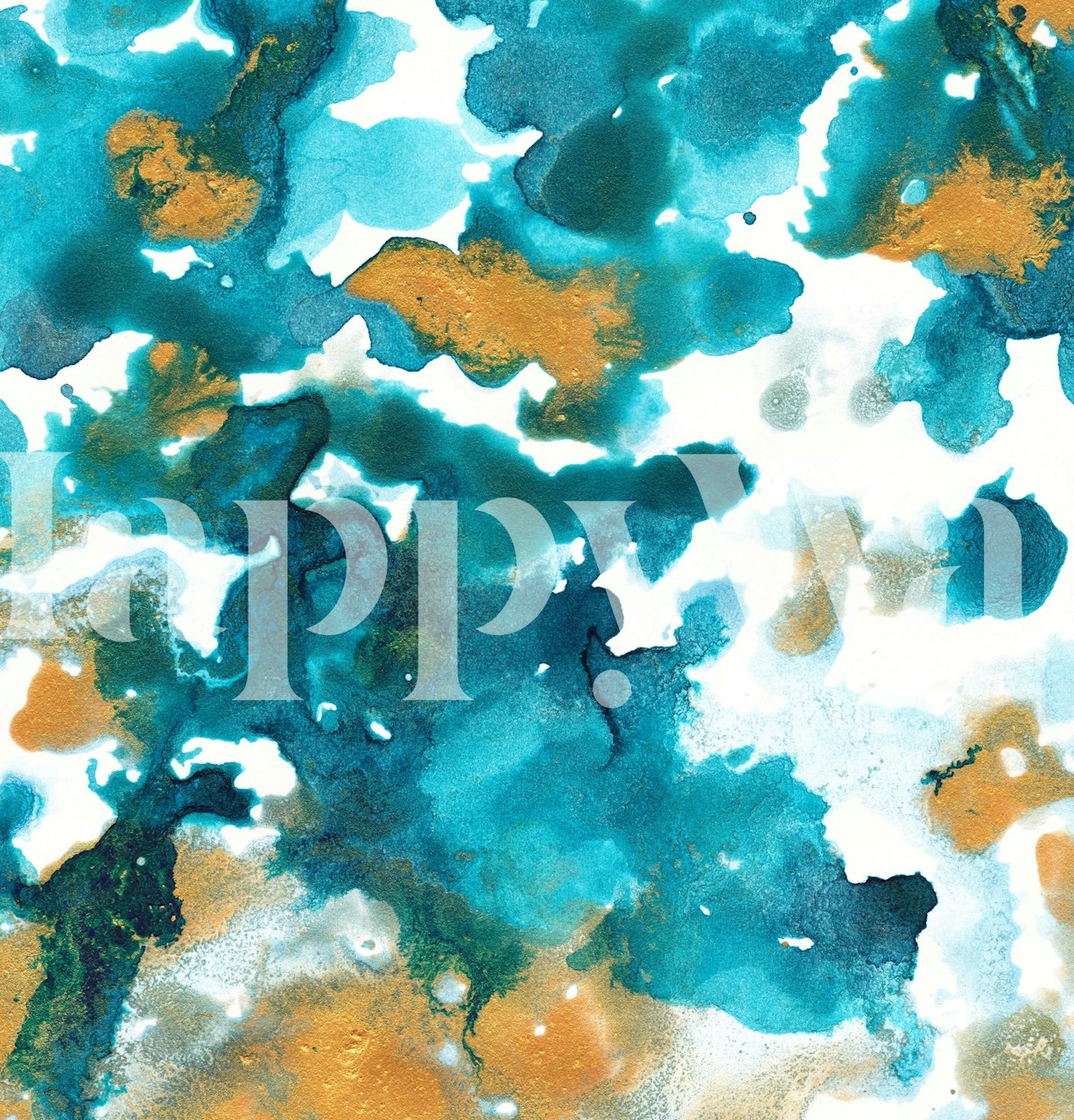 Mural de parede abstrato em água, verde-azulado e dourado, apresenta design de arte fluida