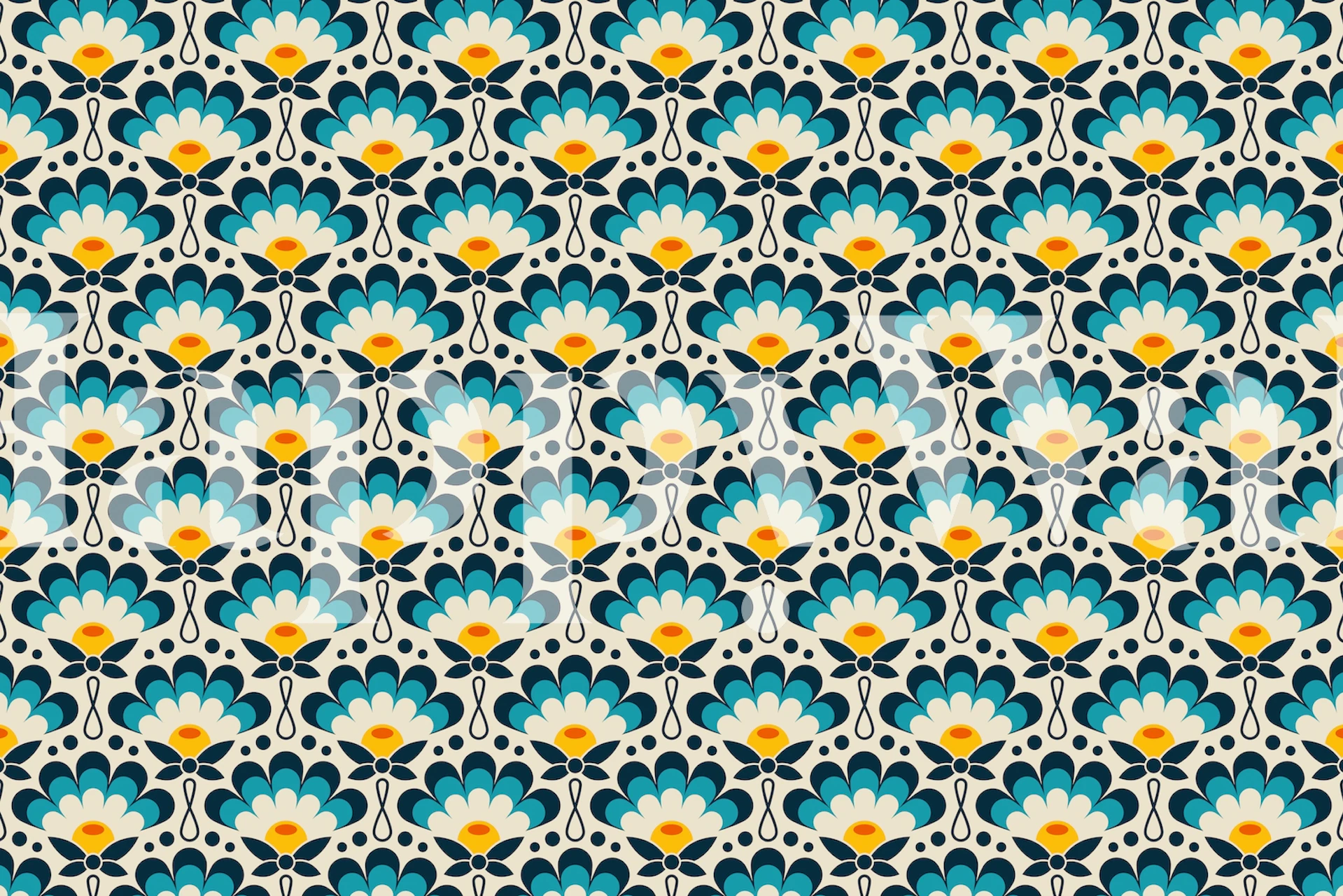 Intrikat blått och gult blommönster tapet Blue Flowers 1025