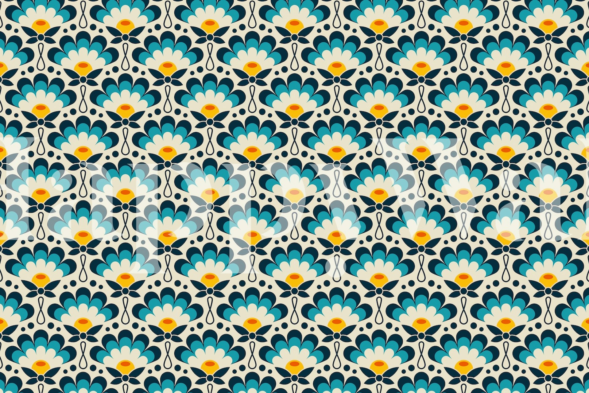 Intricate blue and yellow floral pattern wall mural Blue Flowers 1025