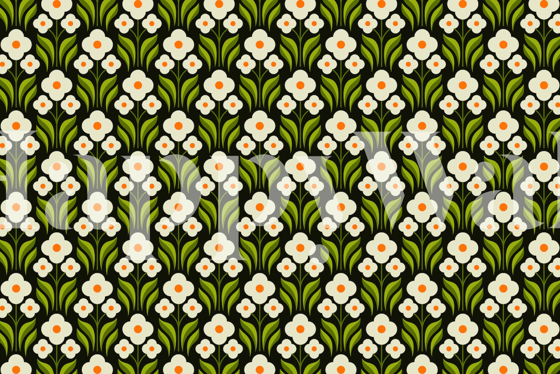 White daisies and green leaves retro wallpaper