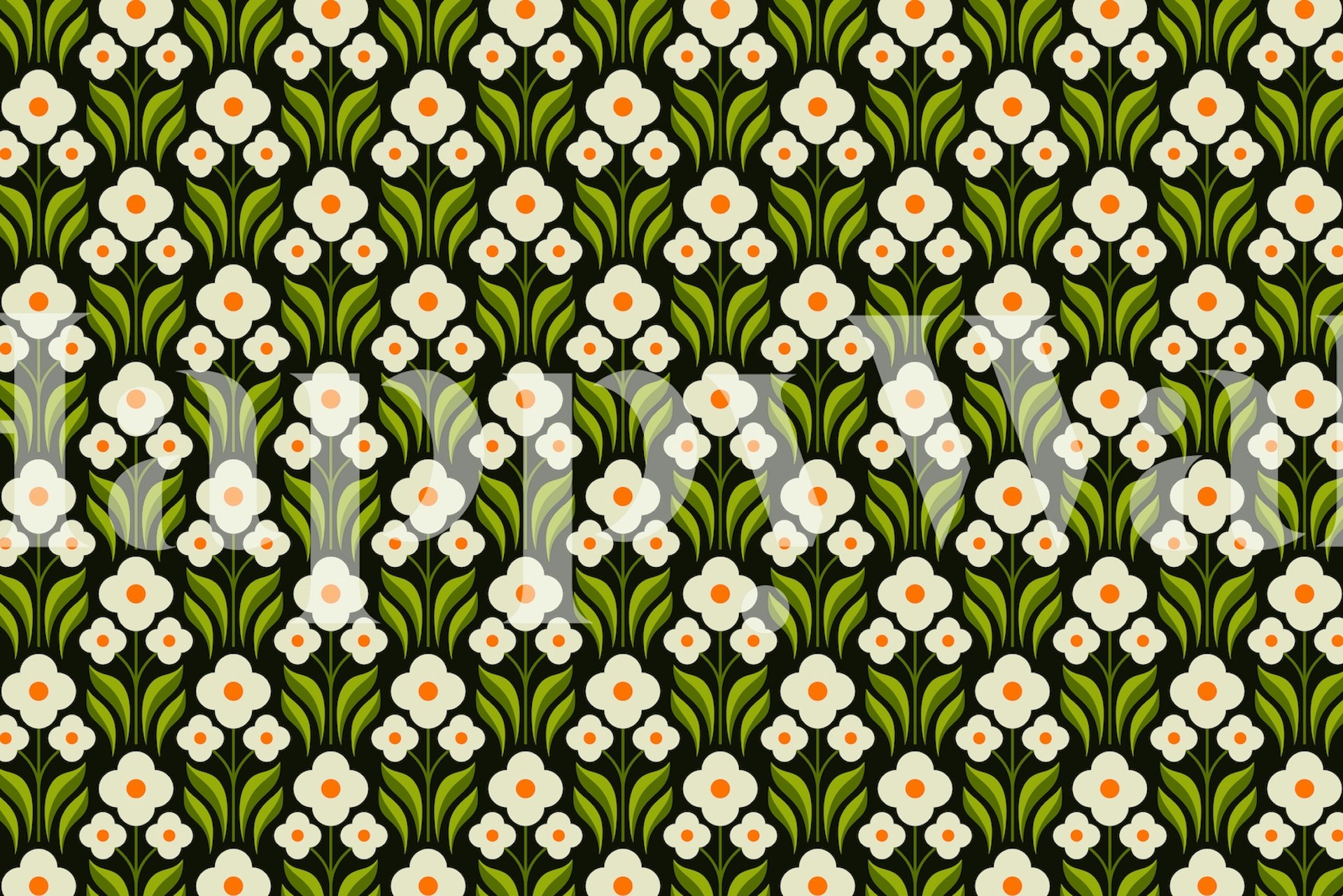 White daisies and green leaves retro wallpaper