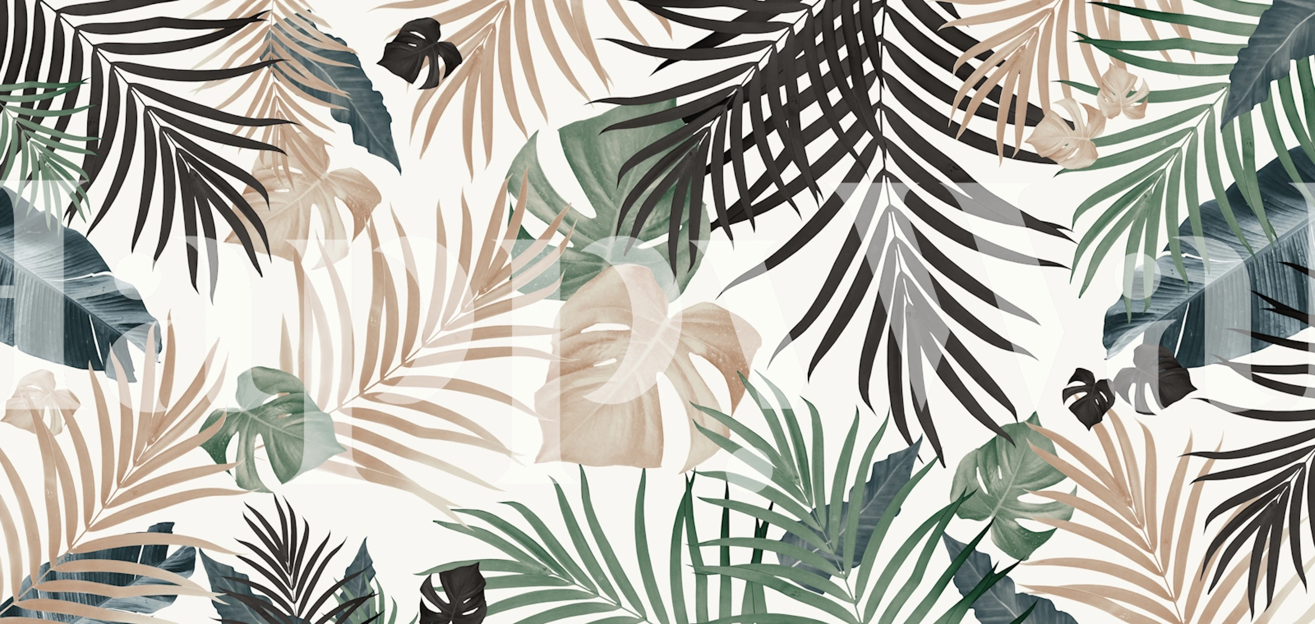 Artistic tropical leaves wall mural with a soft color palette