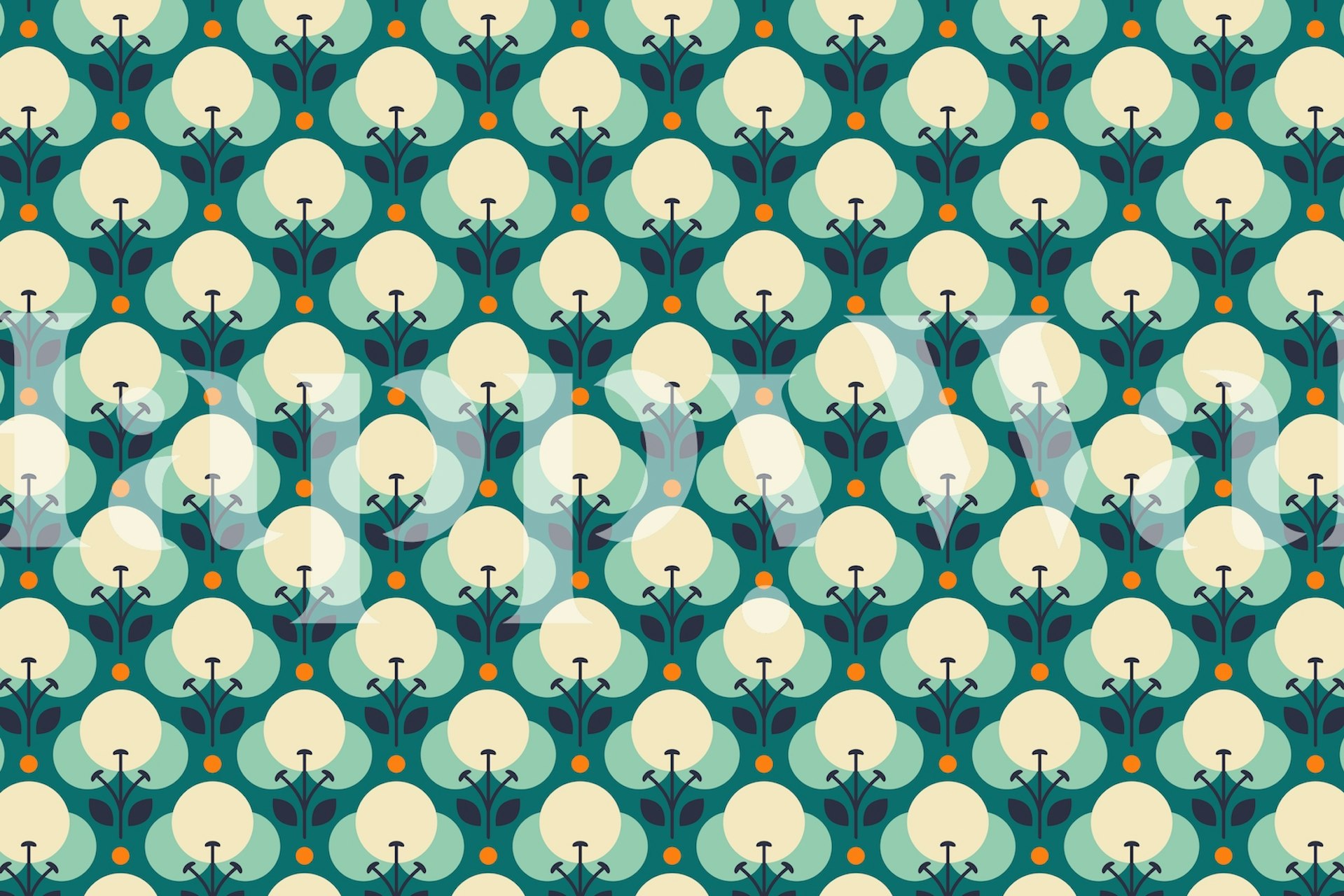 Retro floral design in teal and yellow wallpaper