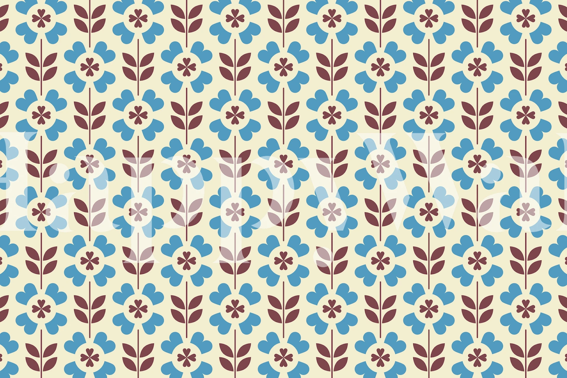 Vintage blåt og bordeaux blomstermønster vægmaleri