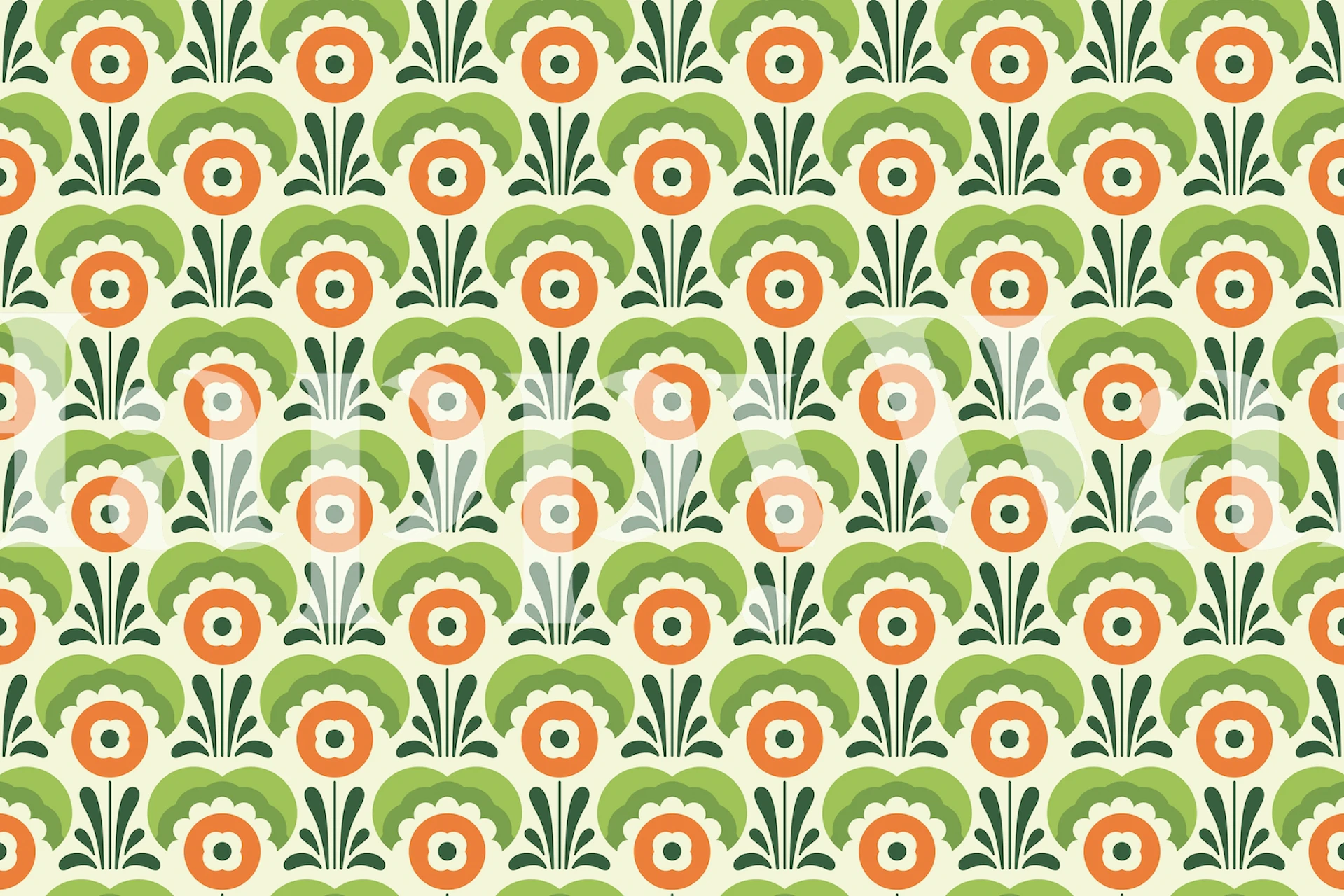 Green floral pattern with orange flowers and leaves wallpaper