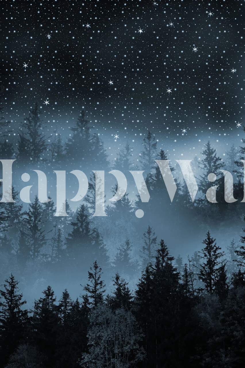 Czarująca fototapeta przedstawiająca rozgwieżdżone nocne niebo nad cienistym lasem, naśladująca spokojną galaktykę