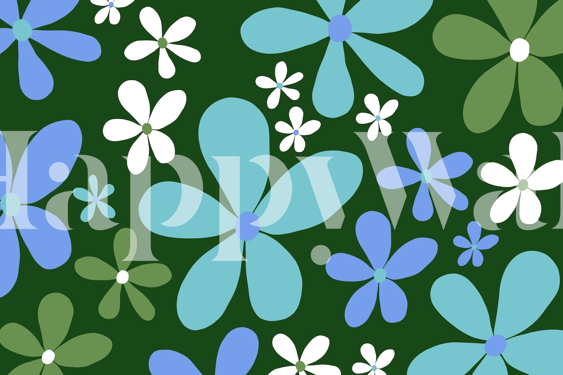 Retro floral wallpaper featuring blue and white daisies on green background