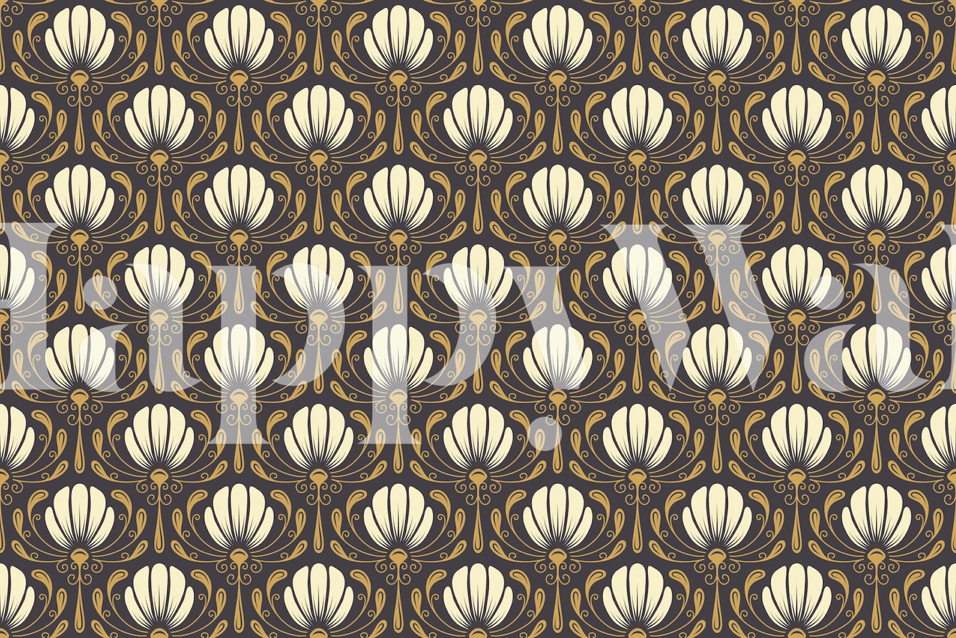 Beige floral pattern on dark brown background wallpaper