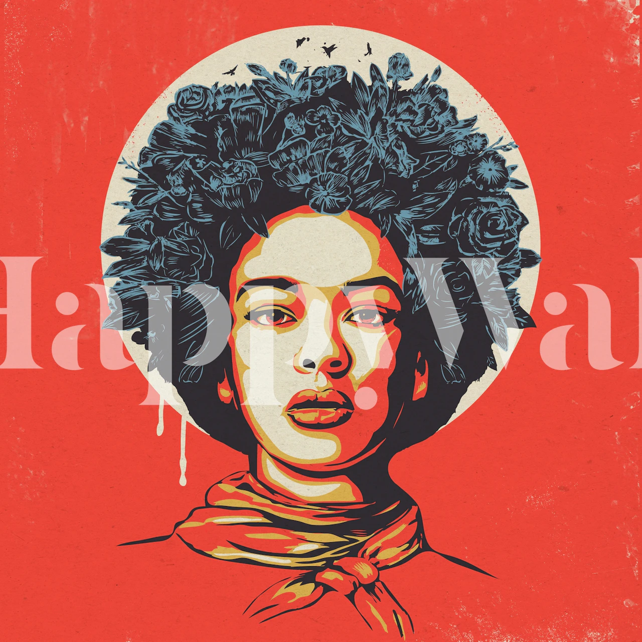 Stilisert portrett av en ung kvinne med blomsterhår mot rød bakgrunn