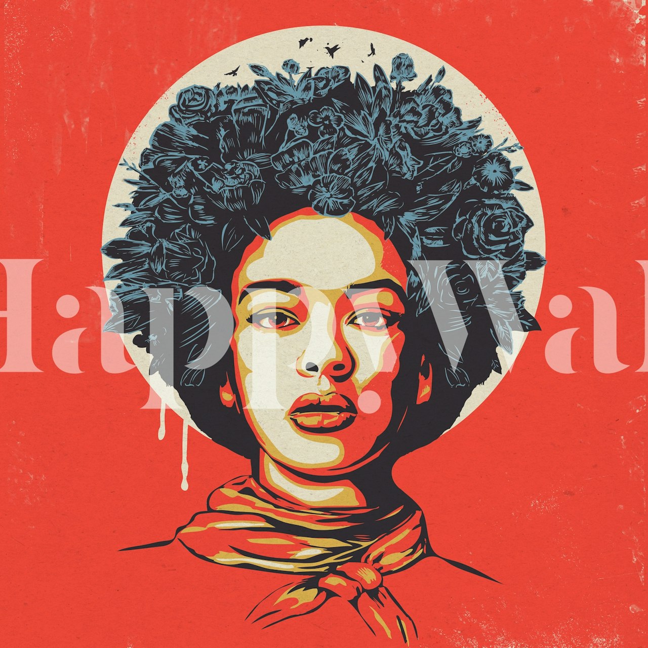 Στυλιζαρισμένο πορτραίτο μιας νεαρής γυναίκας με λουλούδια στα μαλλιά σε κόκκινο φόντο