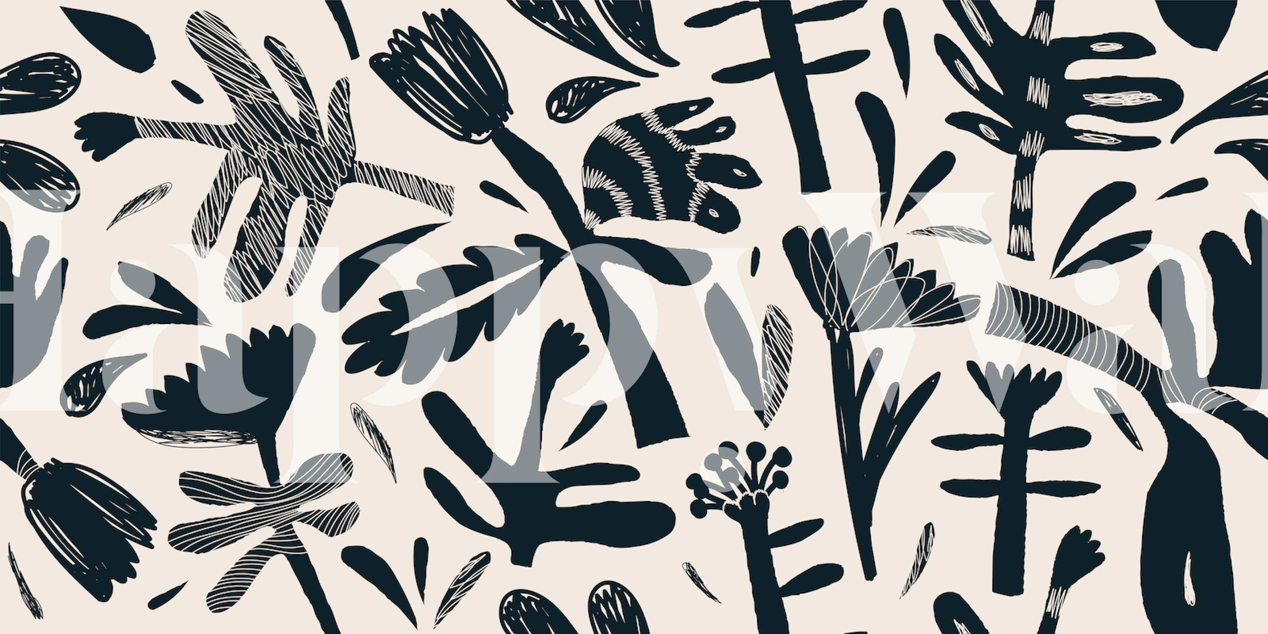 Black and white floral pattern on soft beige wallpaper