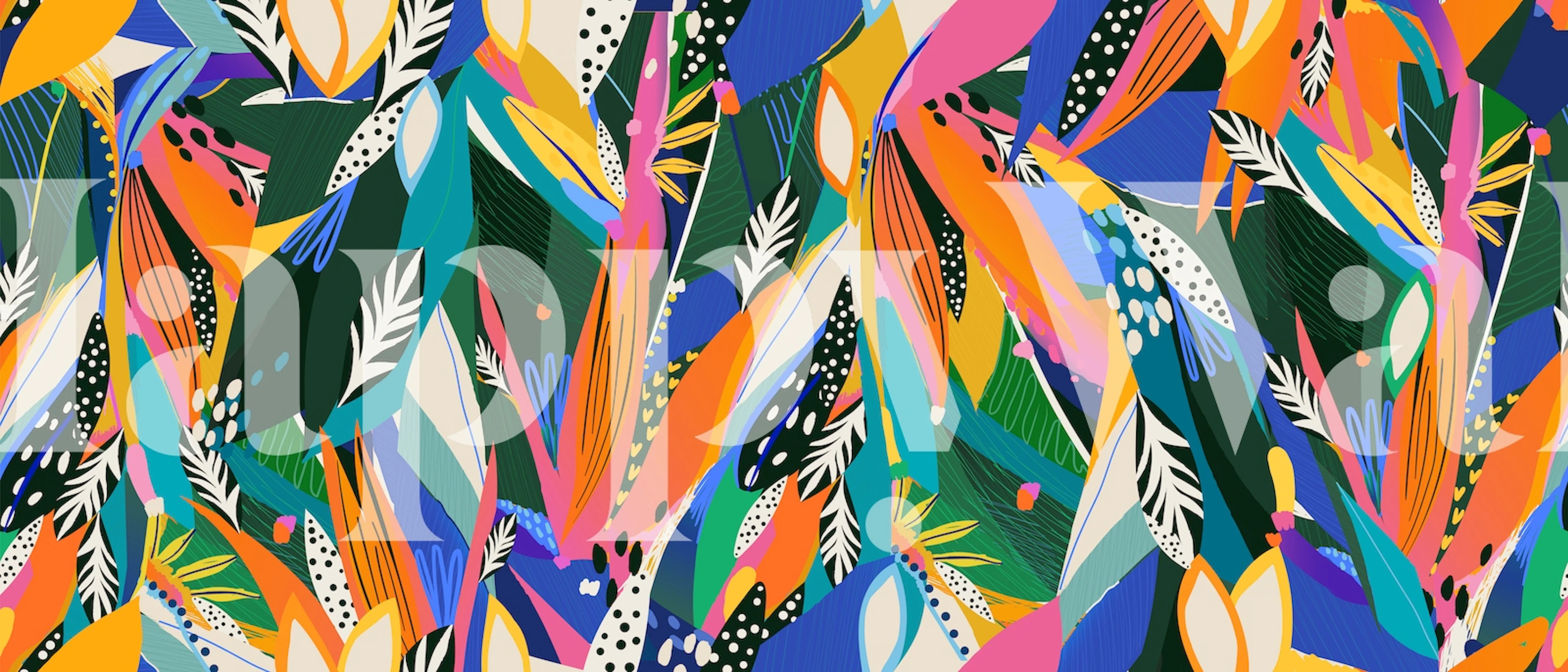 Colorful tropical abstract wallpaper with green, orange, pink, and blue patterns