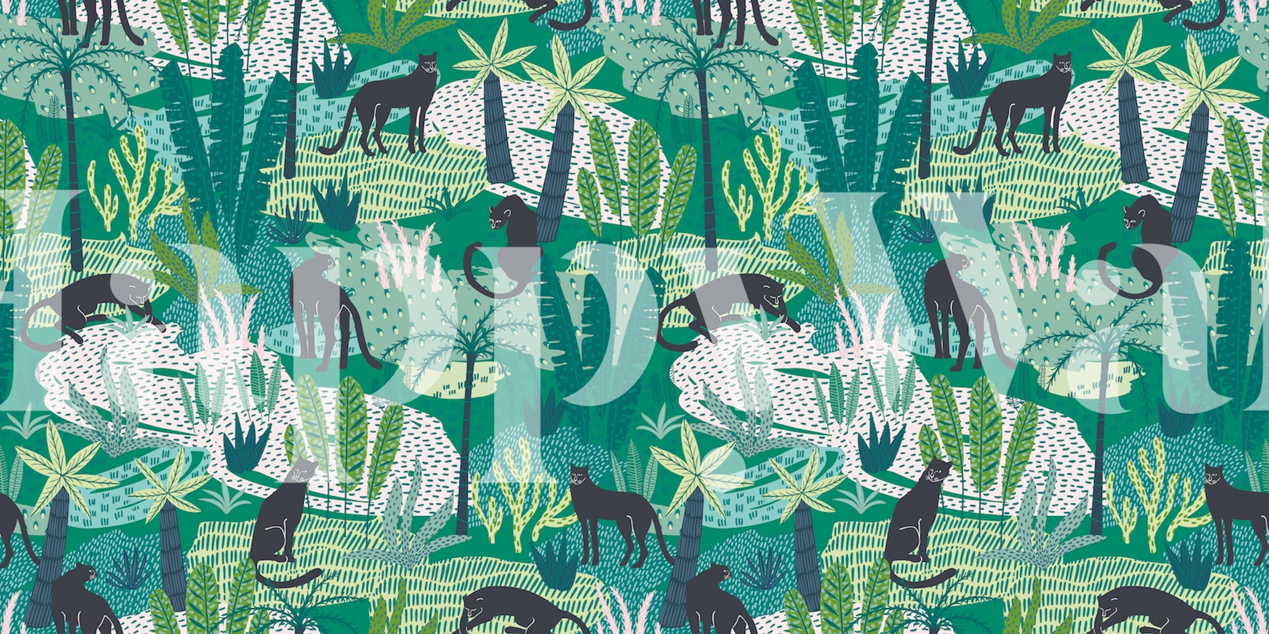 Black panthers in lush green jungle with various plants wallpaper