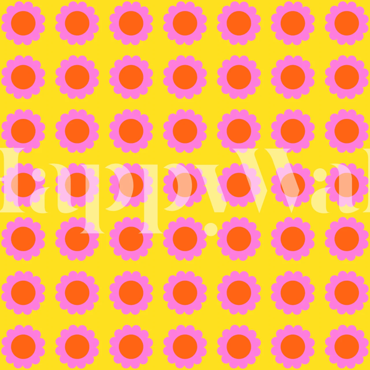 A bold, retro-style wall mural featuring pink and orange flowers on a bright yellow background.