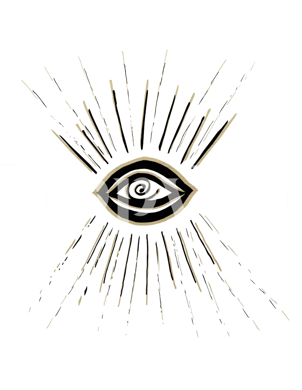 Wandbild „Böses Auge, Gold, Schwarz auf Weiß“, das ein Schutzsymbol mit glänzenden goldenen und schwarzen Details auf weißem Hintergrund darstellt