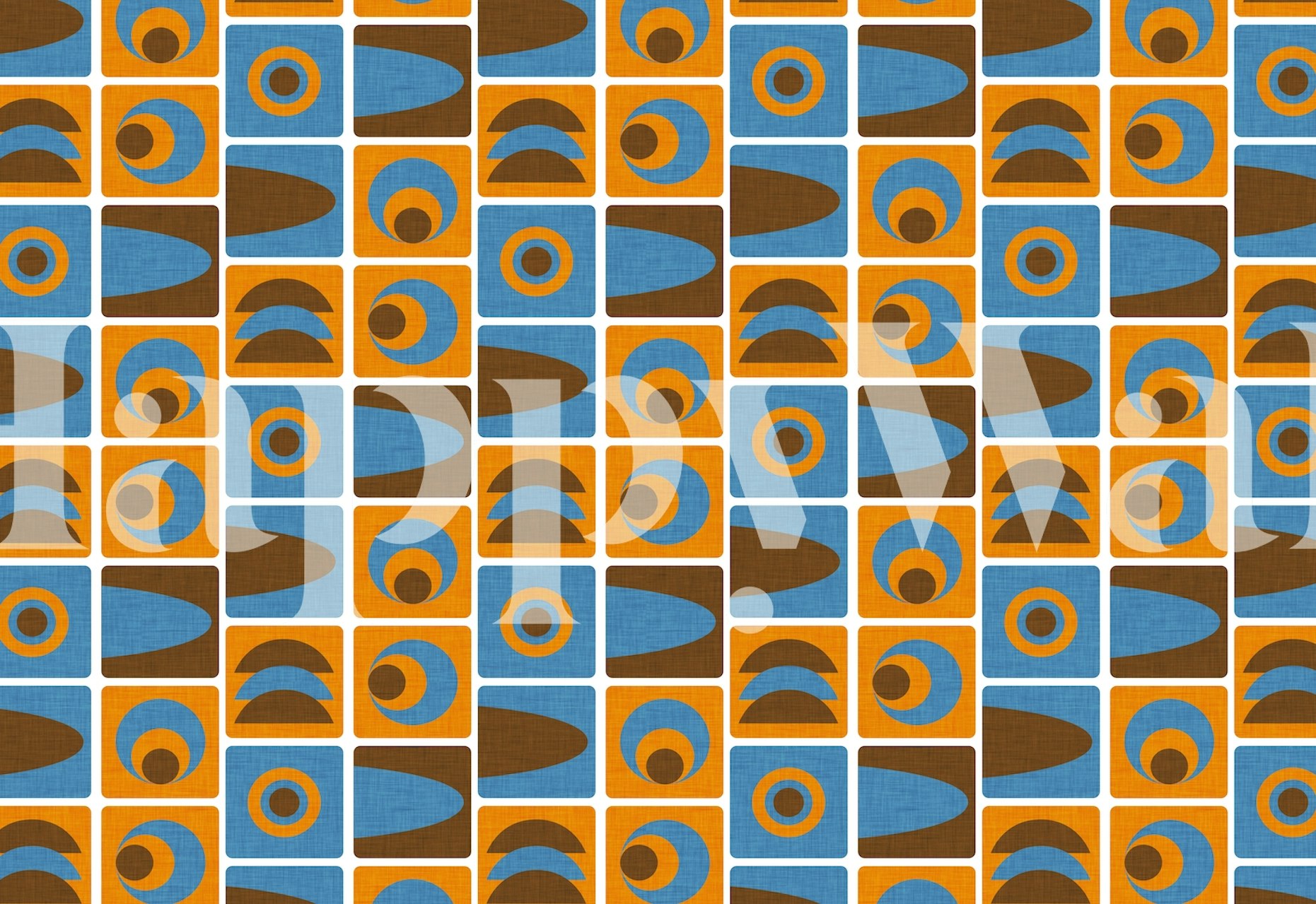 Geometric blue and orange patterns with circles and rectangles wallpaper