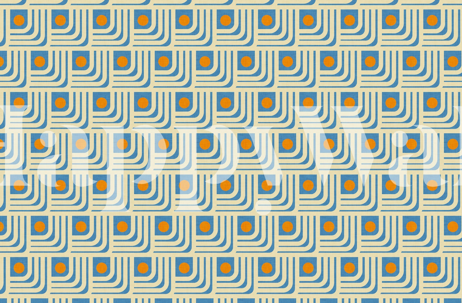 Retro geometric pattern with orange circles and blue curves wallpaper