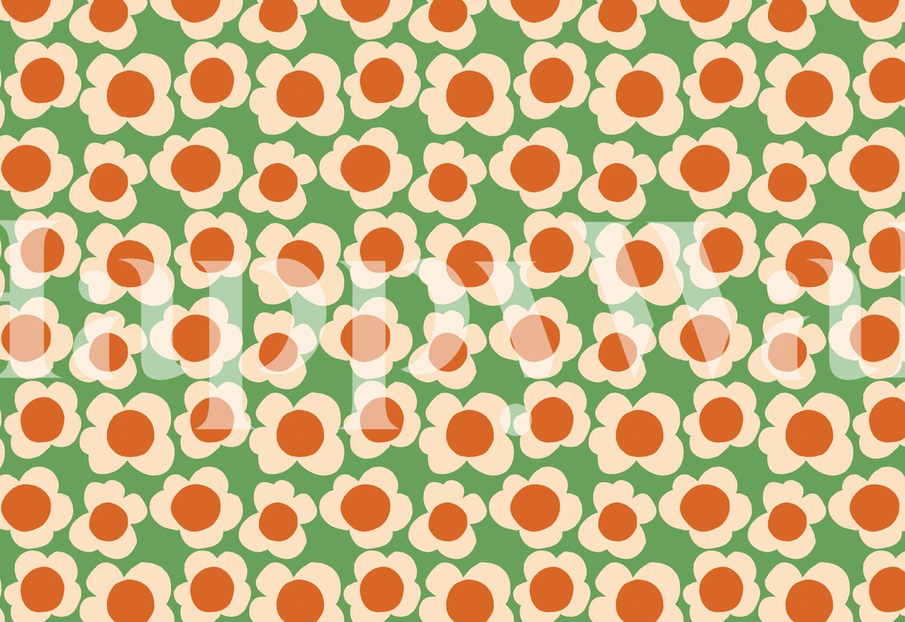 Green floral pattern with orange centers on light background wallpaper