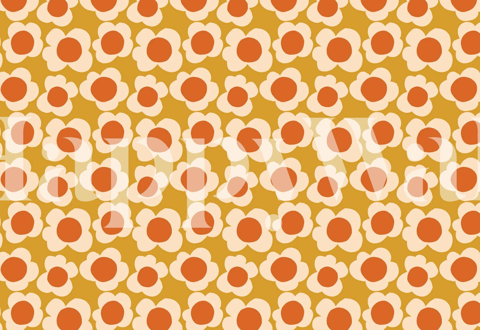 A repeating pattern of yellow and orange stylized flowers on a beige background for a wall mural.