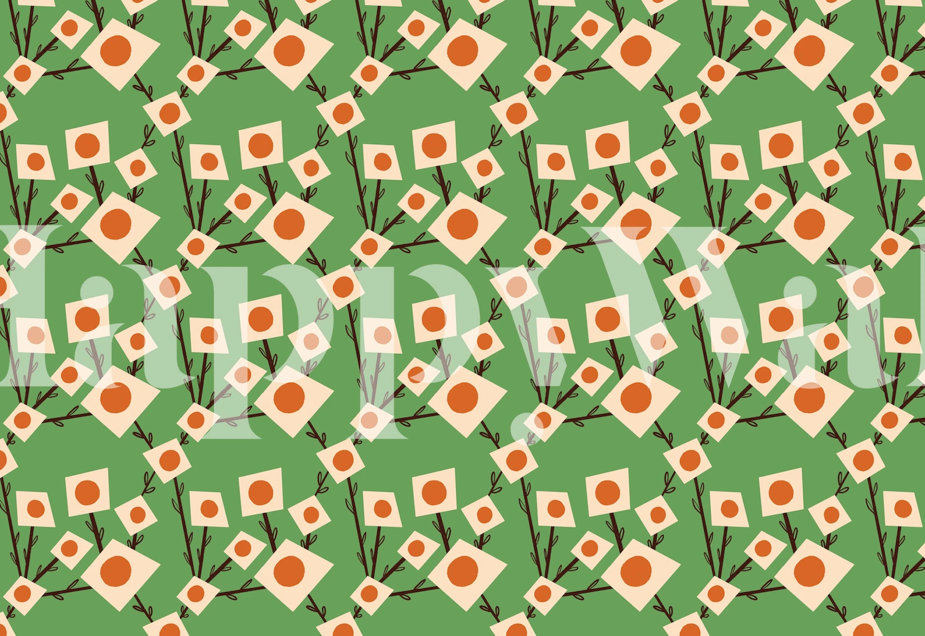 Green floral wallpaper with square patterns and orange accents