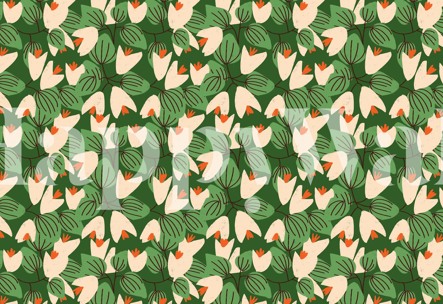 Green floral wallpaper with orange flower accents and large leaves.