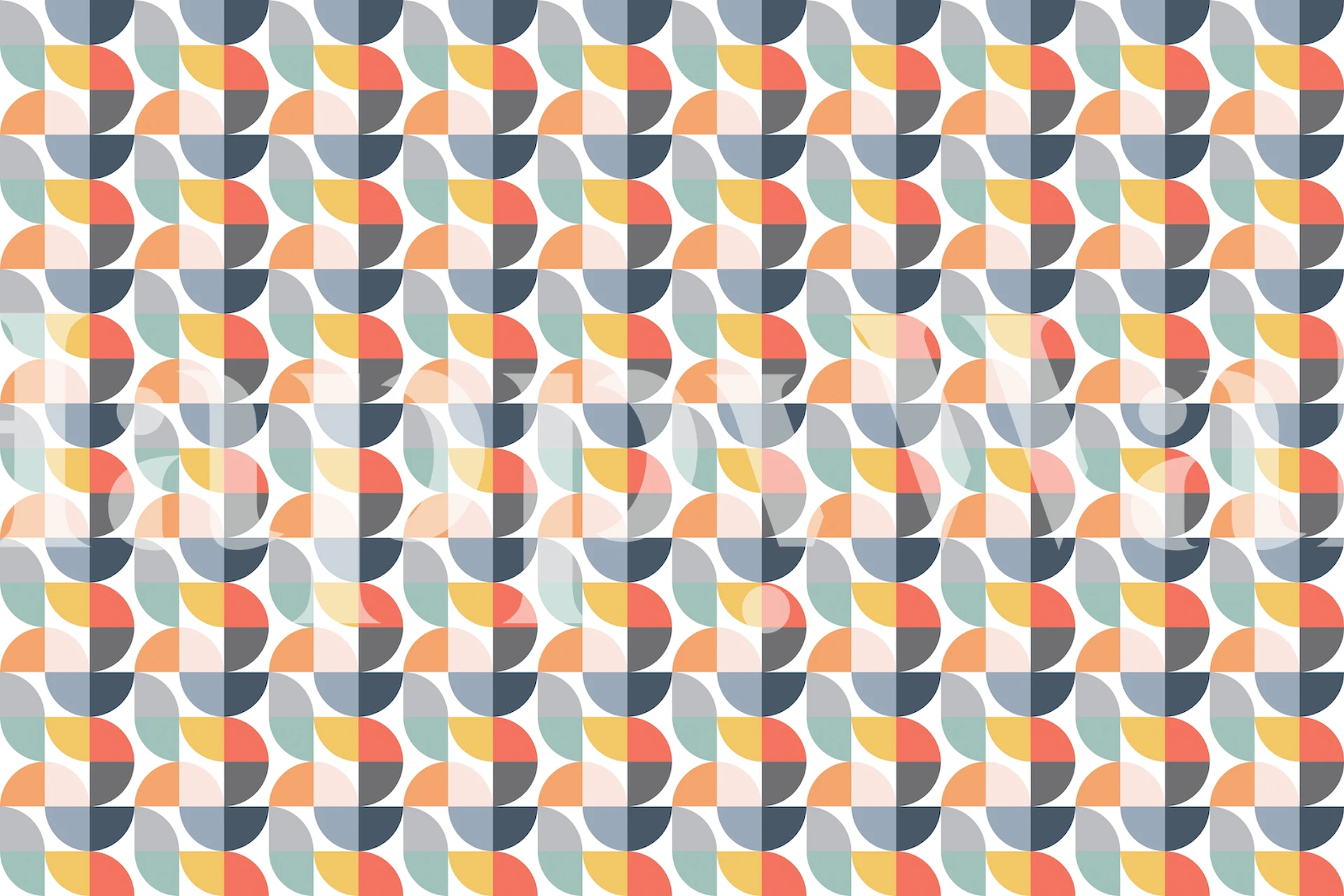 Colorful geometric patterns in shades of blue, orange, yellow, and mint green wallpaper