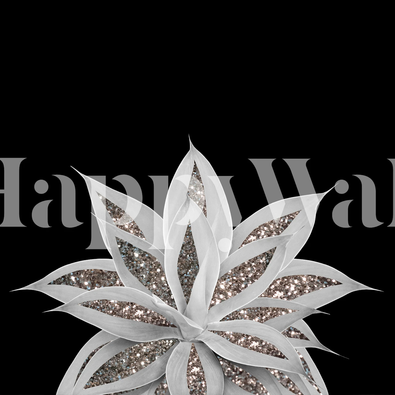 Gray agave leaves with silver glitter details on black background wallpaper