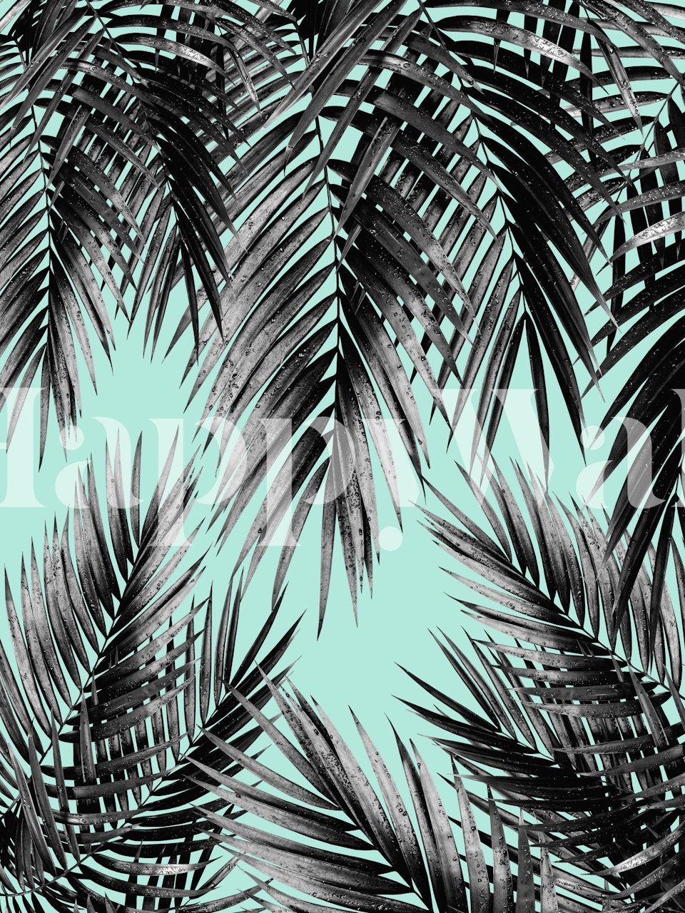 Tropical palm leaf pattern on teal background for wall mural