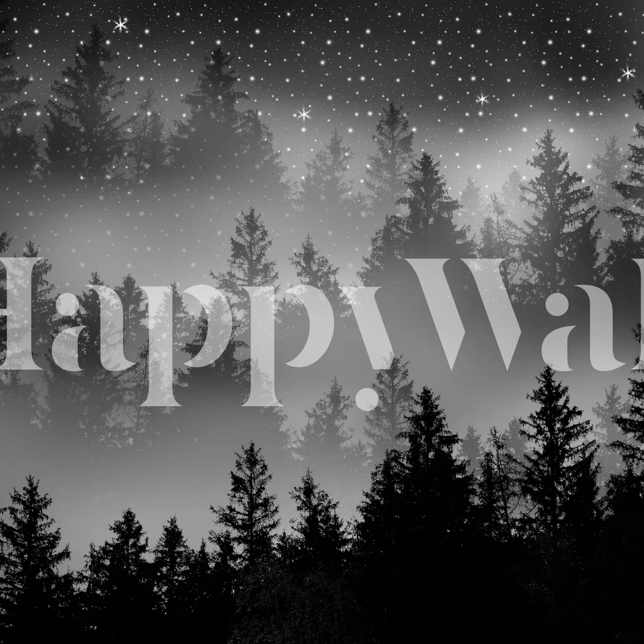 Schwarz-weißes Wandbild mit der Darstellung eines Waldes unter einem sternenklaren Nachthimmel