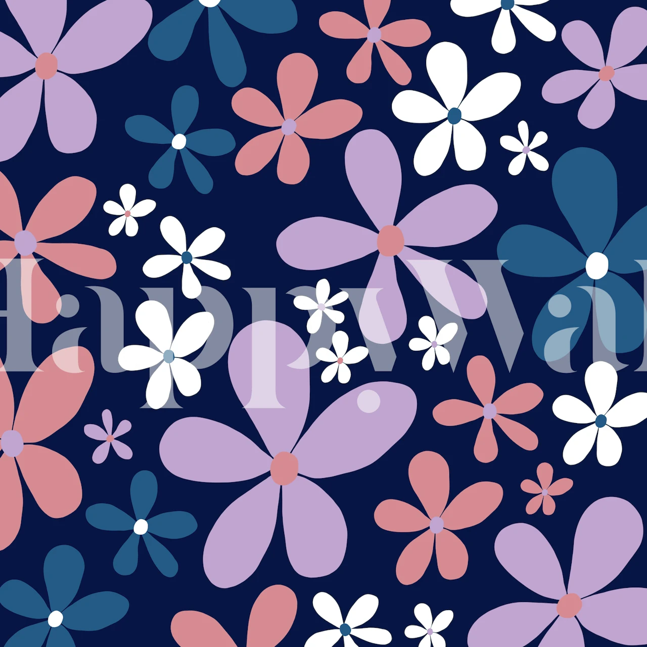Colorful daisies in pink, blue, and white on a navy background wallpaper