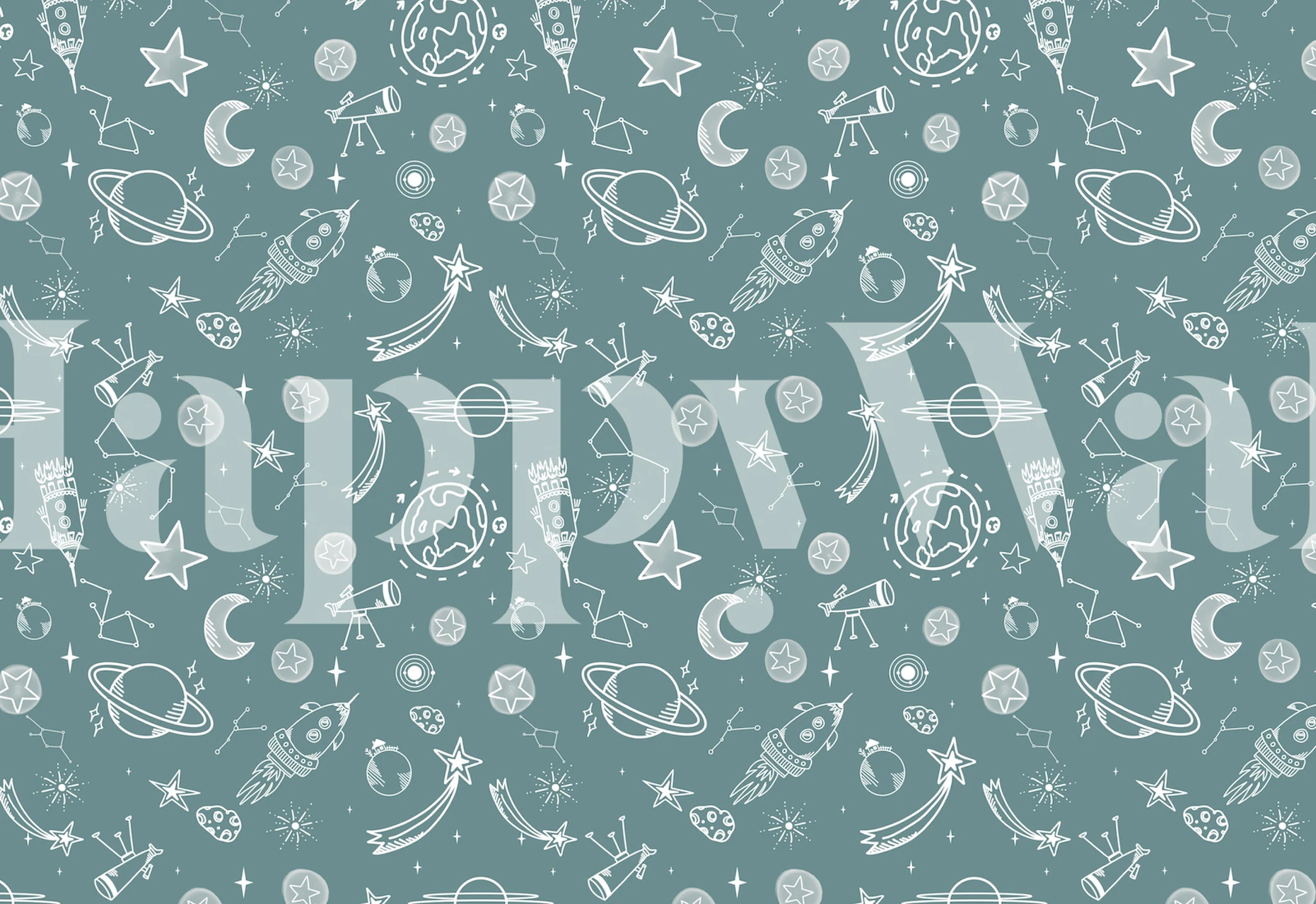 Fotomural de temática espacial con cohetes y cuerpos celestes sobre fondo gris