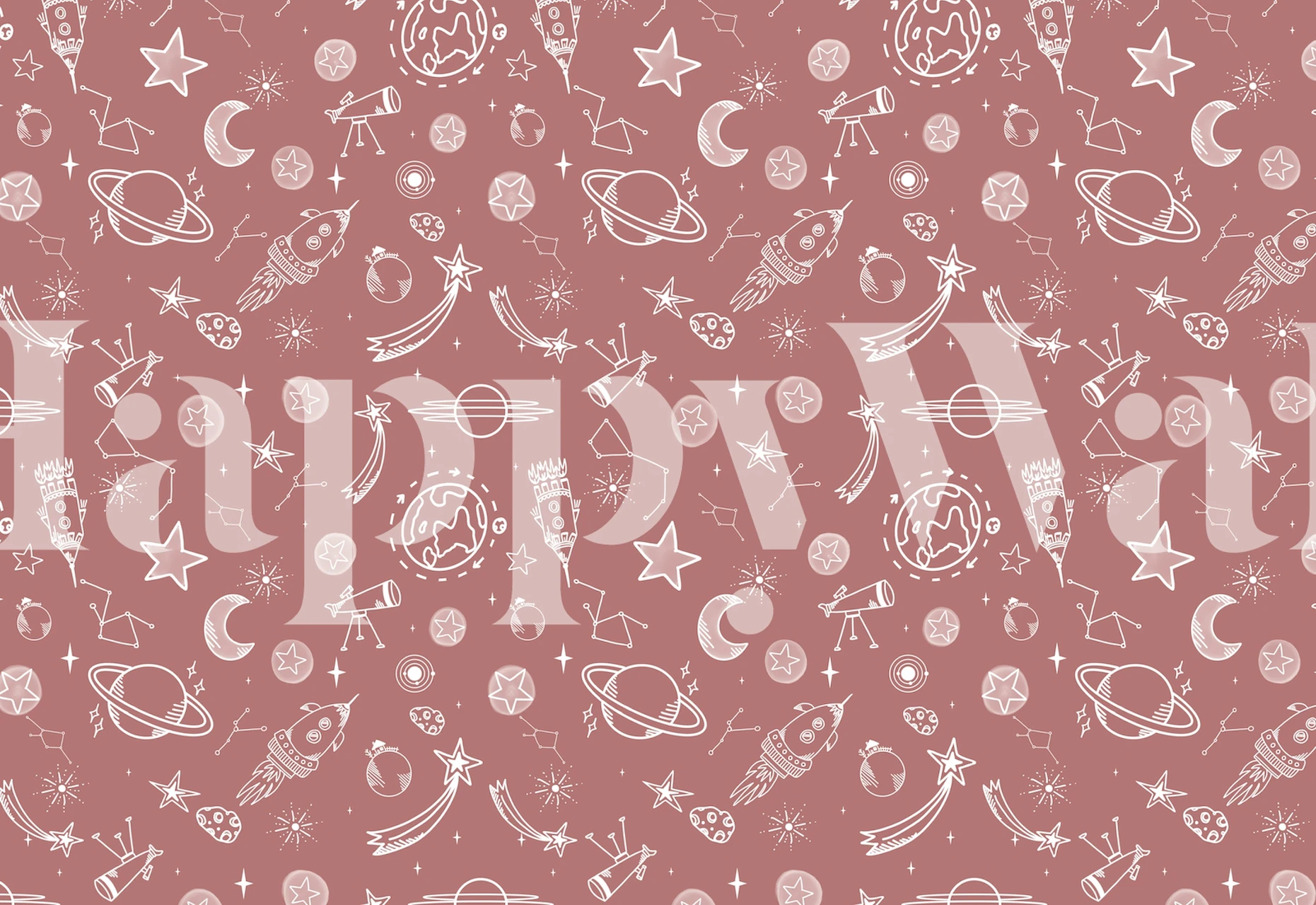 Space-themed pink wall mural with stars, planets, and moons