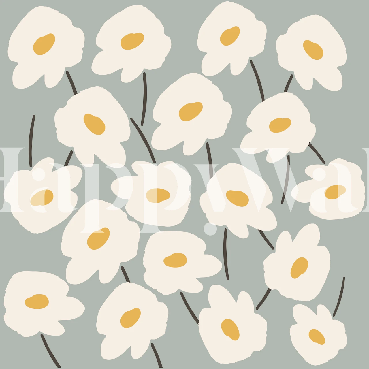 Abstract daisy flowers in cream and yellow on green background wallpaper