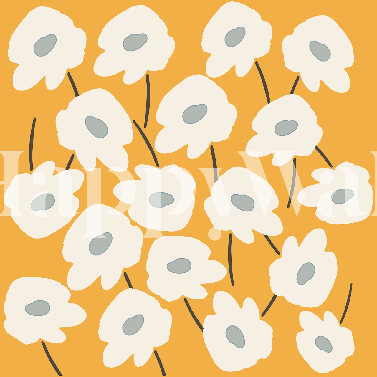 Stylized white daisies with grey centers on a yellow background wall mural