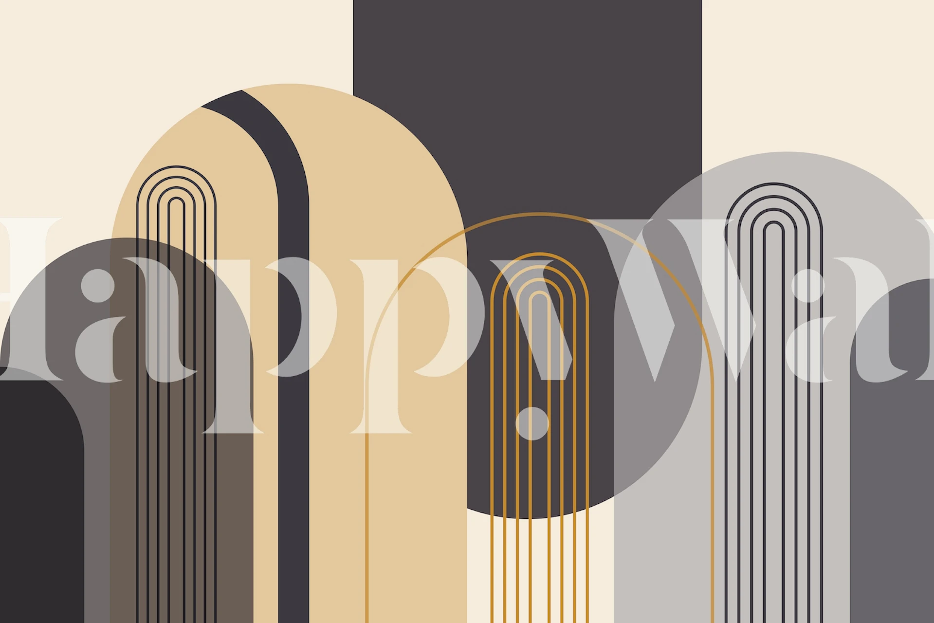 Mid Century Charcoal Mustard wall mural with geometric arch shapes in mustard, grey, and charcoal colors