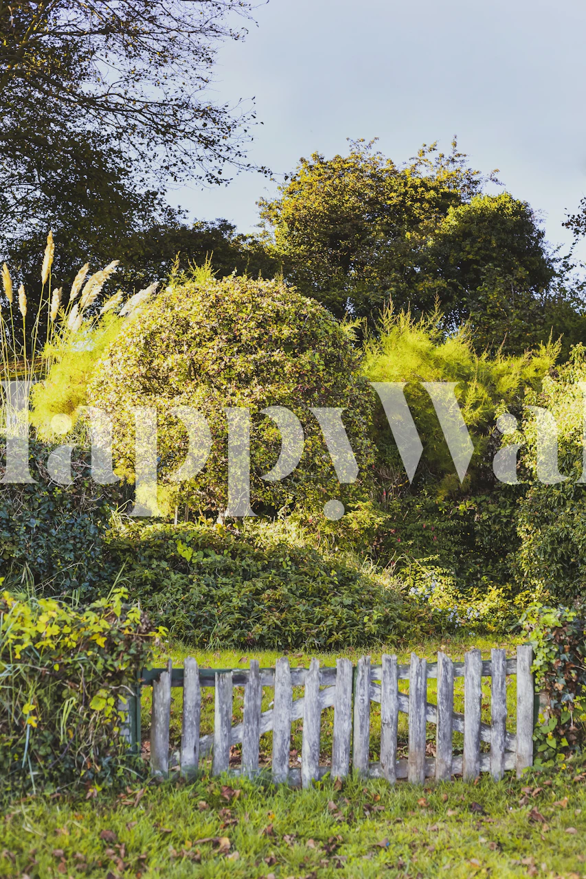 British countryside wall mural with an old wooden fence surrounded by lush greenery