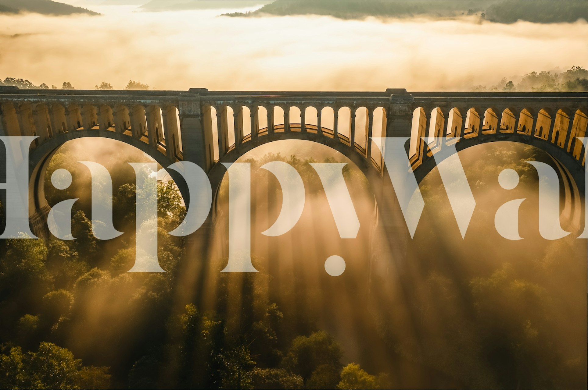Bridge silhouette with beams of light and fog wallpaper