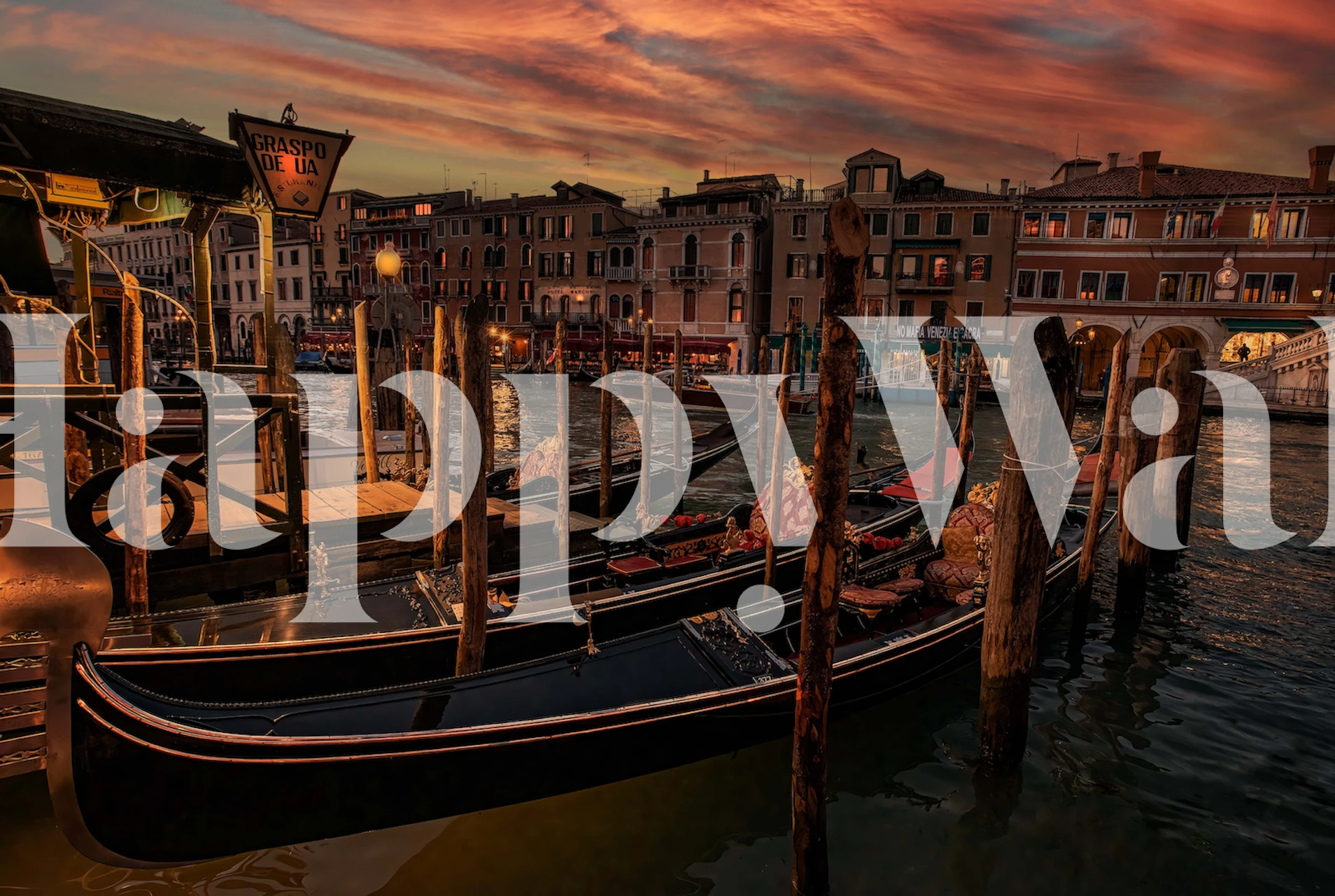 Gondolas on water at sunset with Venetian architecture wallpaper