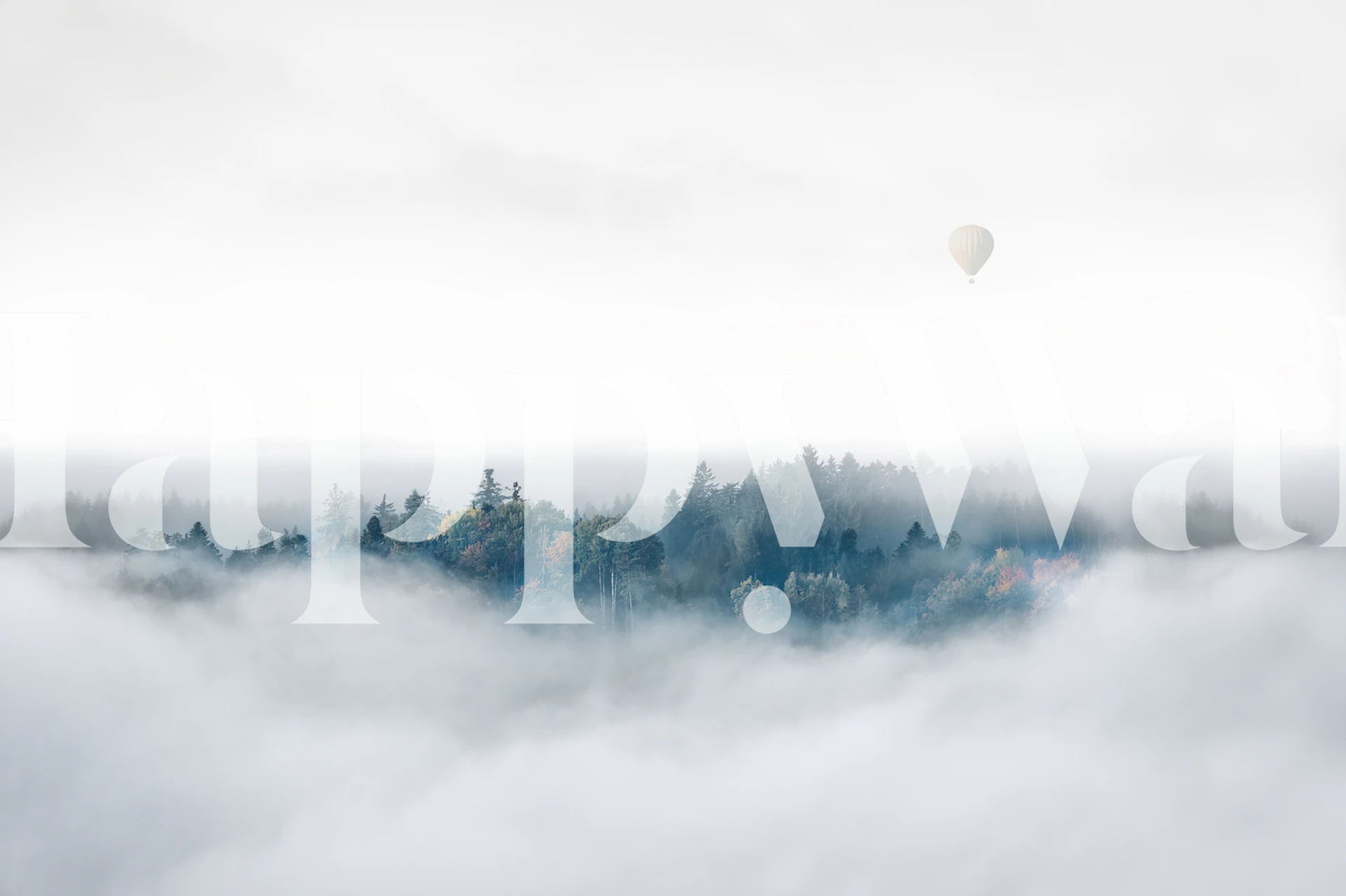 Misty landscape with trees and a hot air balloon, grey tones wallpaper