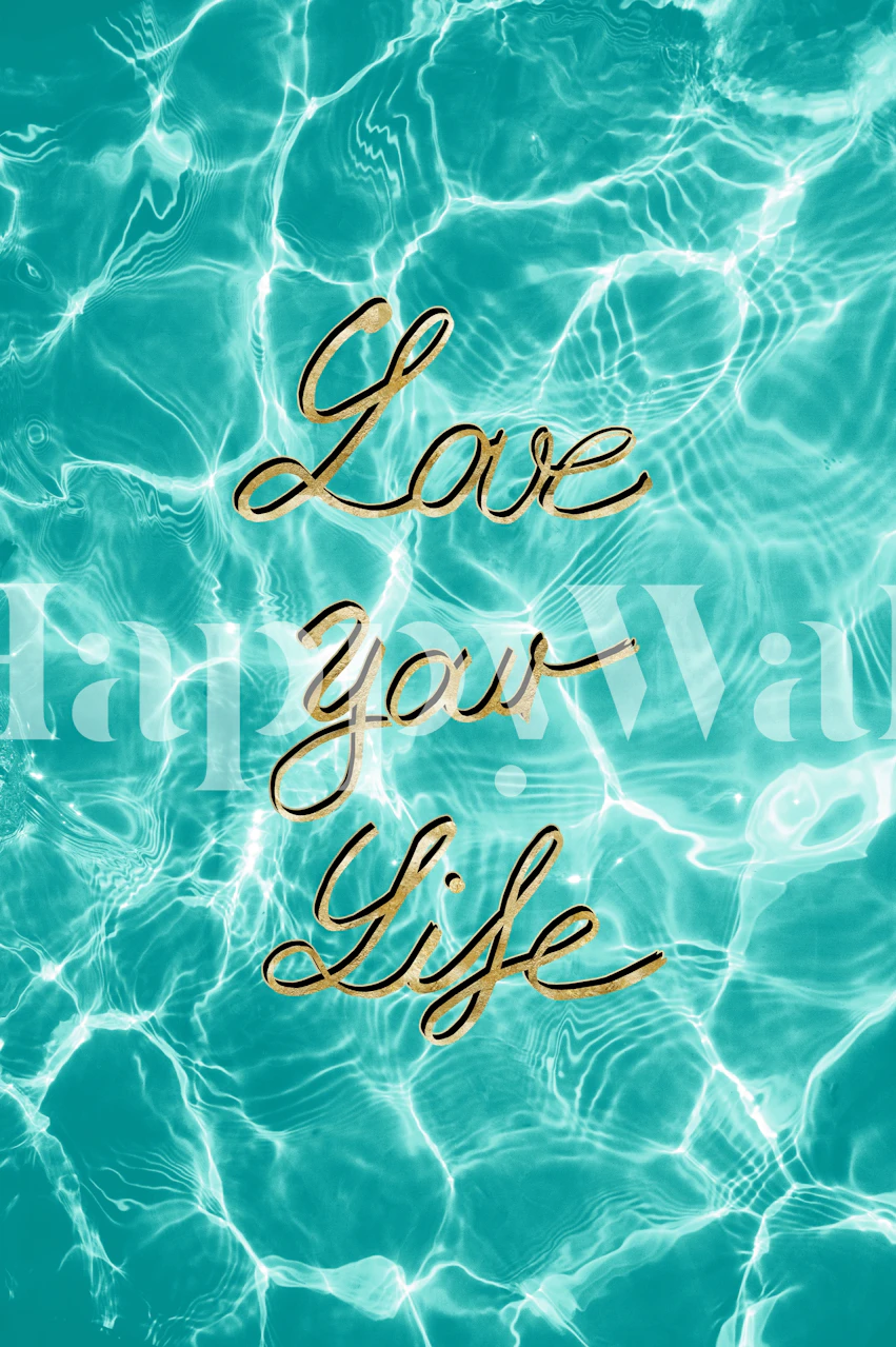 Blue water with reflective ripples and gold cursive text wallpaper