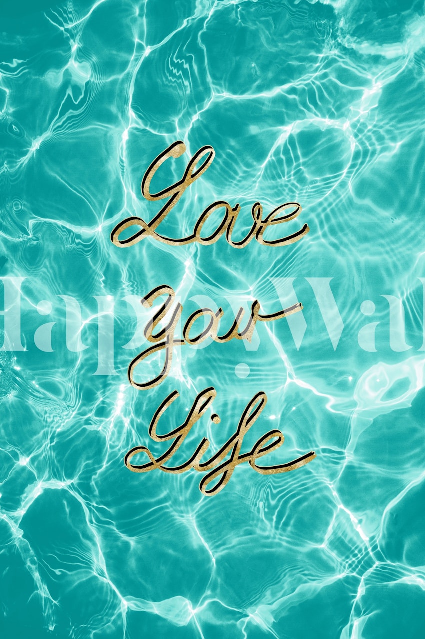 Blue water with reflective ripples and gold cursive text wallpaper