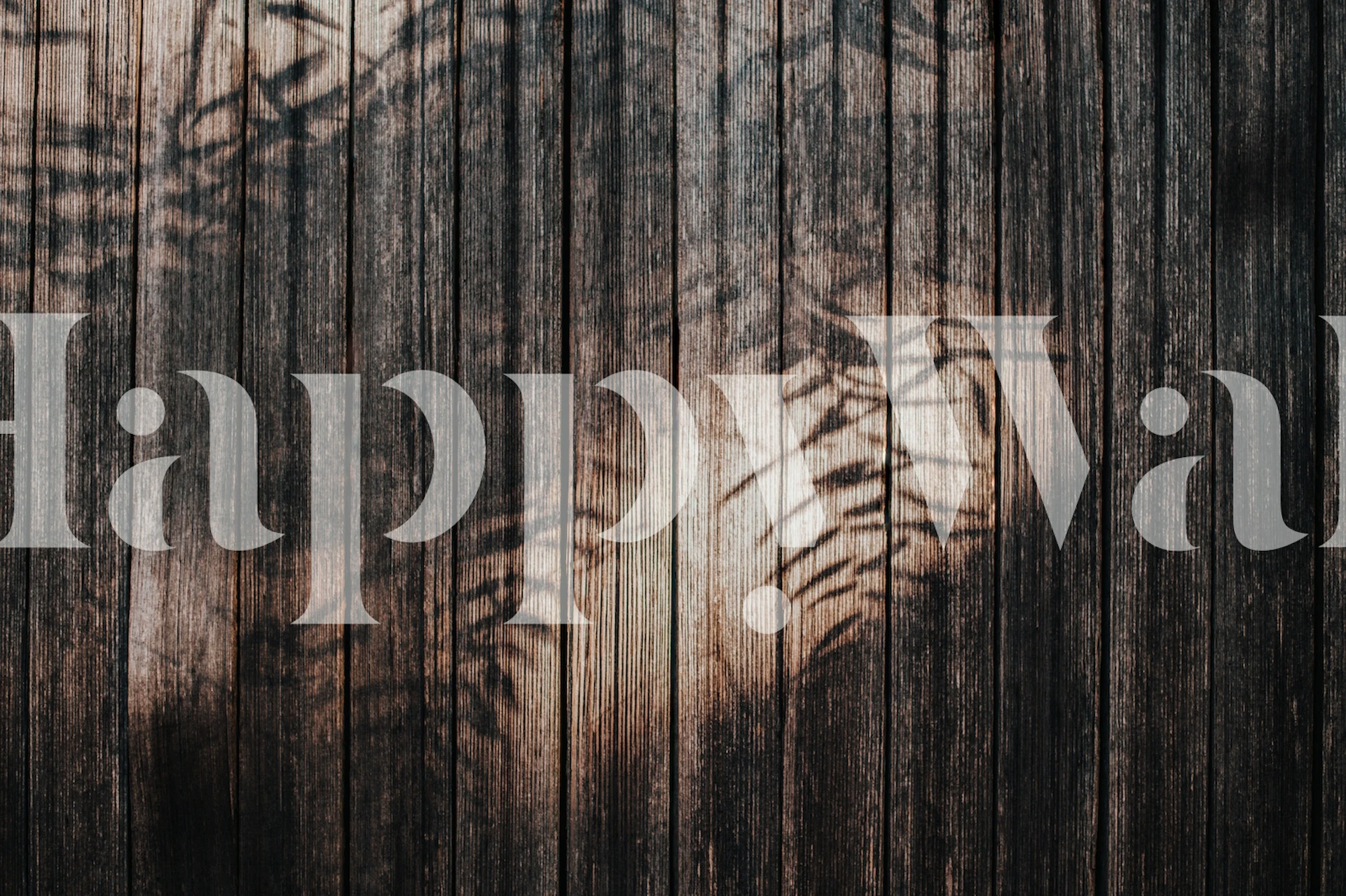 Wooden planks with shadows of foliage on a textured surface wallpaper