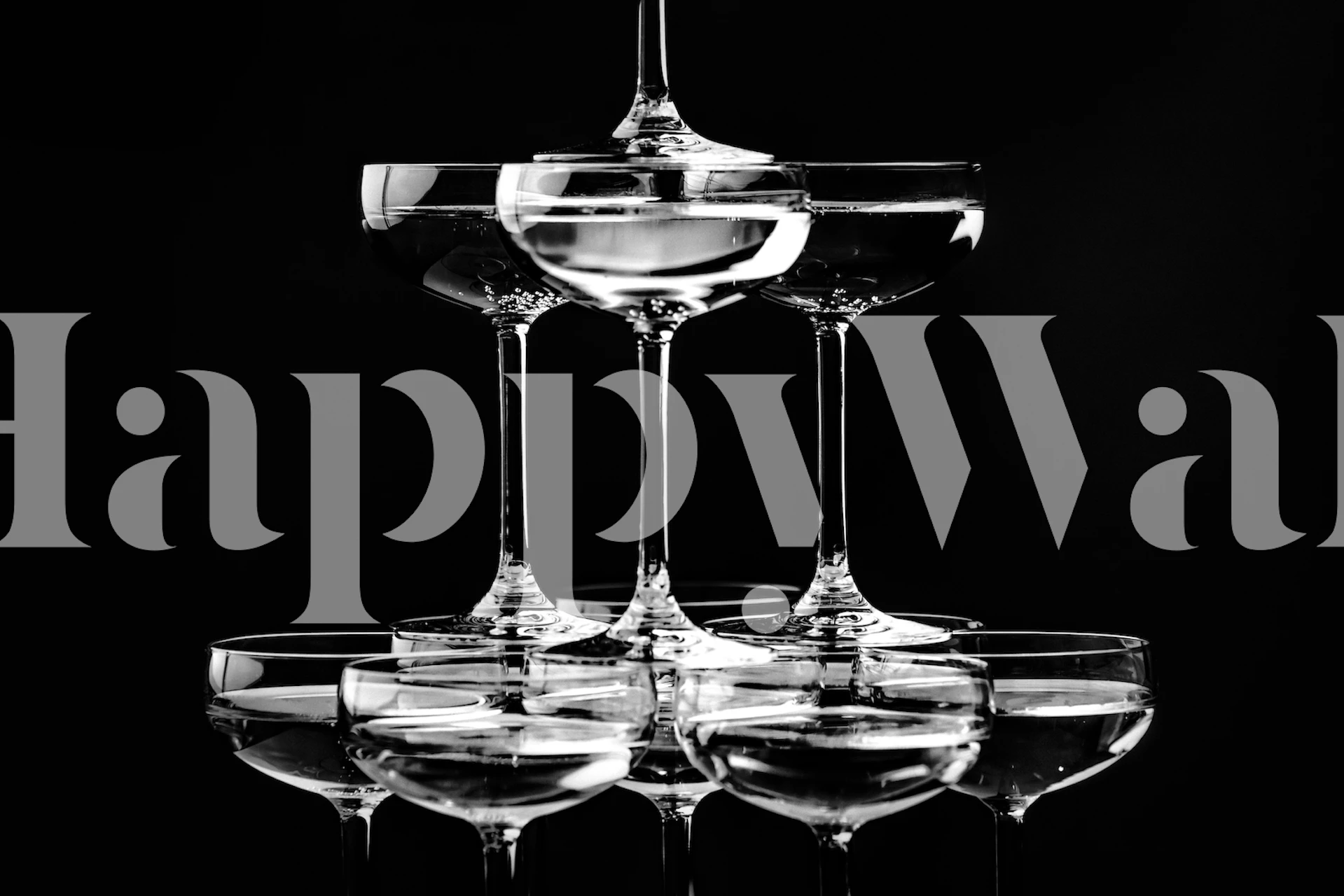 Elegant champagne glass tower wall mural on a black background