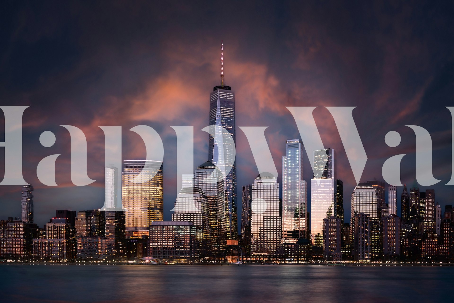 New York City skyline at night with glowing buildings and colorful clouds wallpaper