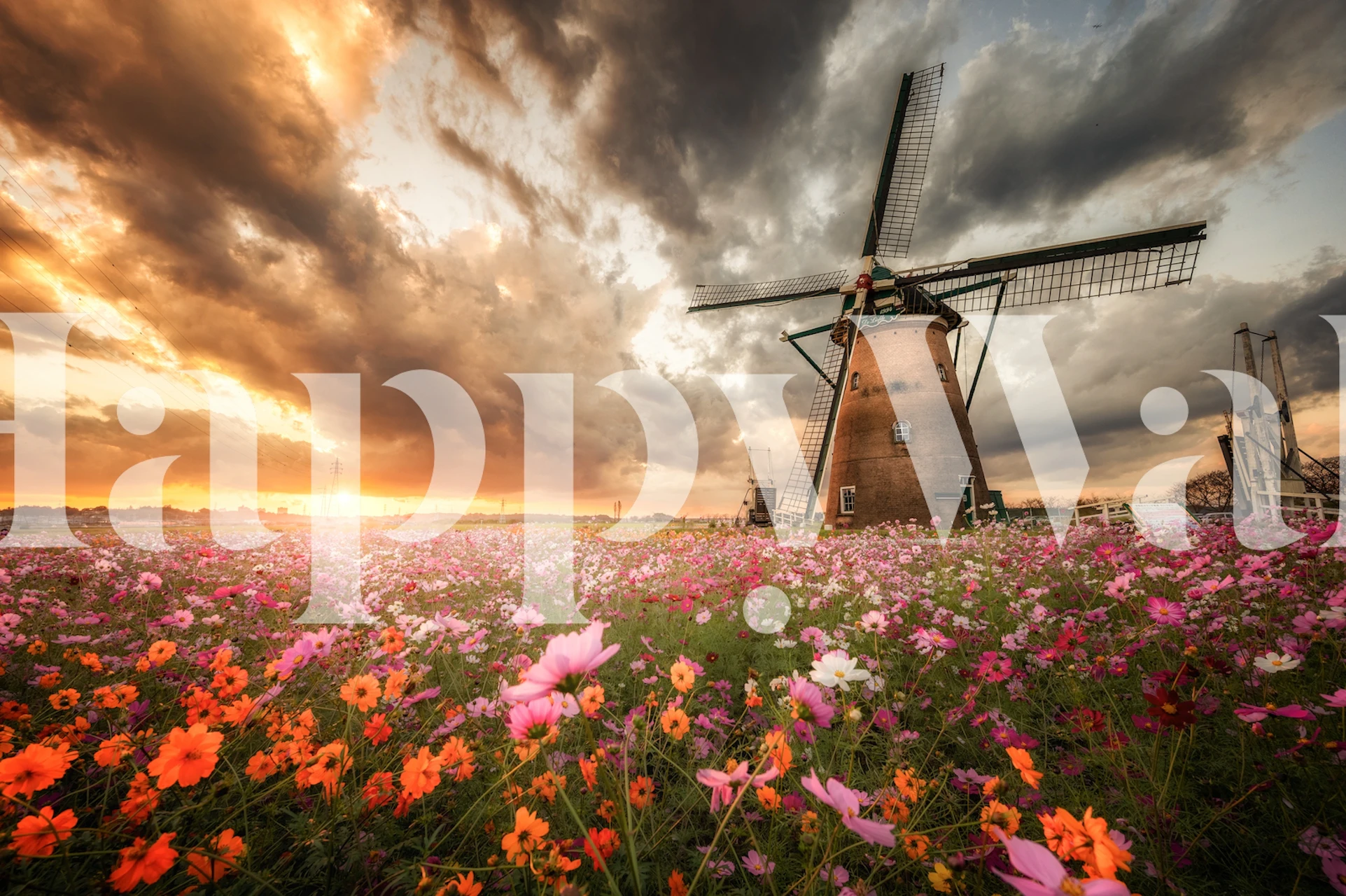 Muurschildering met windmolen en kleurrijke bloemen bij zonsondergang