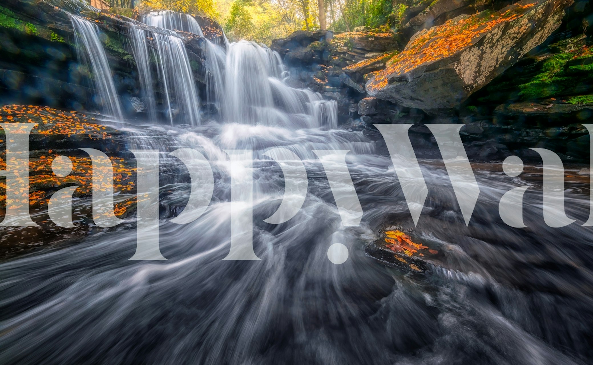 The Wave waterfall wall mural with swirling water patterns and lush surroundings