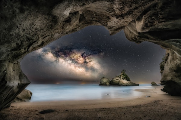 In the cave with starry sky